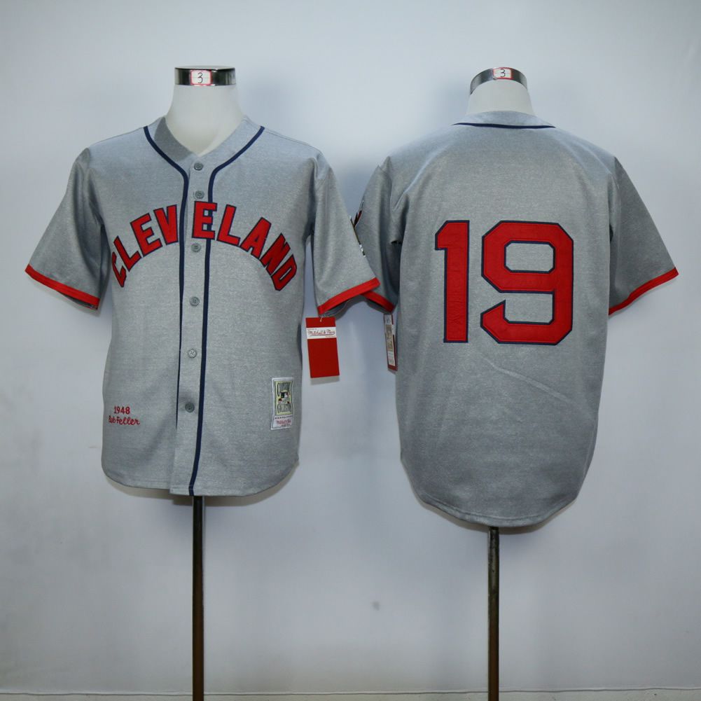 Men Cleveland Indians #19 Feller Grey Throwback MLB Jerseys